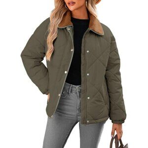 Women's Moss Green Puffer Jackets Coats Long Sleeve Winter Warm Button Outerwear